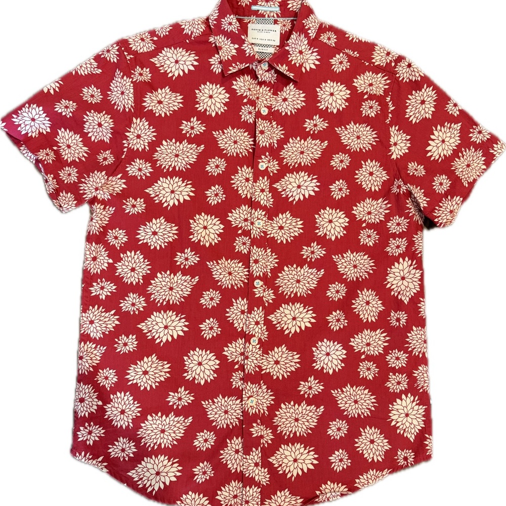Denim & Flower Ricky Singh Floral Shirt Mens M Red Short Sleeve Slim Fit